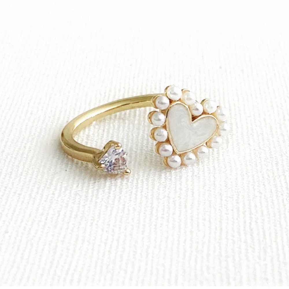 Gold Heart Pearl Accent Open Ring Stainless Steel